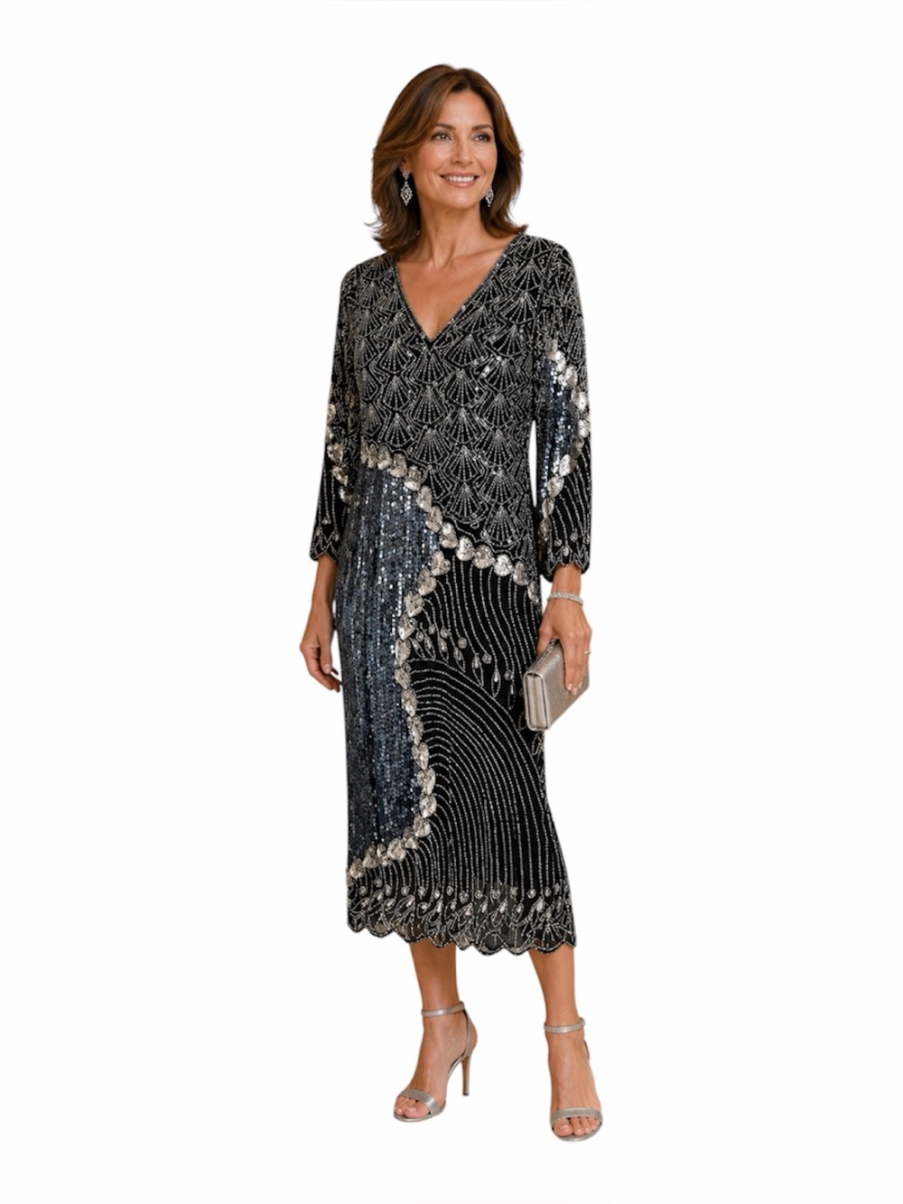 Vintage 1980’s 100% Silk Sequined Long Sleeve Gown in Size Medium